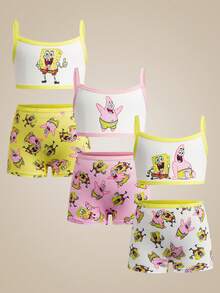 SpongeBob SquarePants | SHEIN 6件套少女吊带背心文胸内裤套装，黄色、粉色、白色 - 白色 - 查看 1