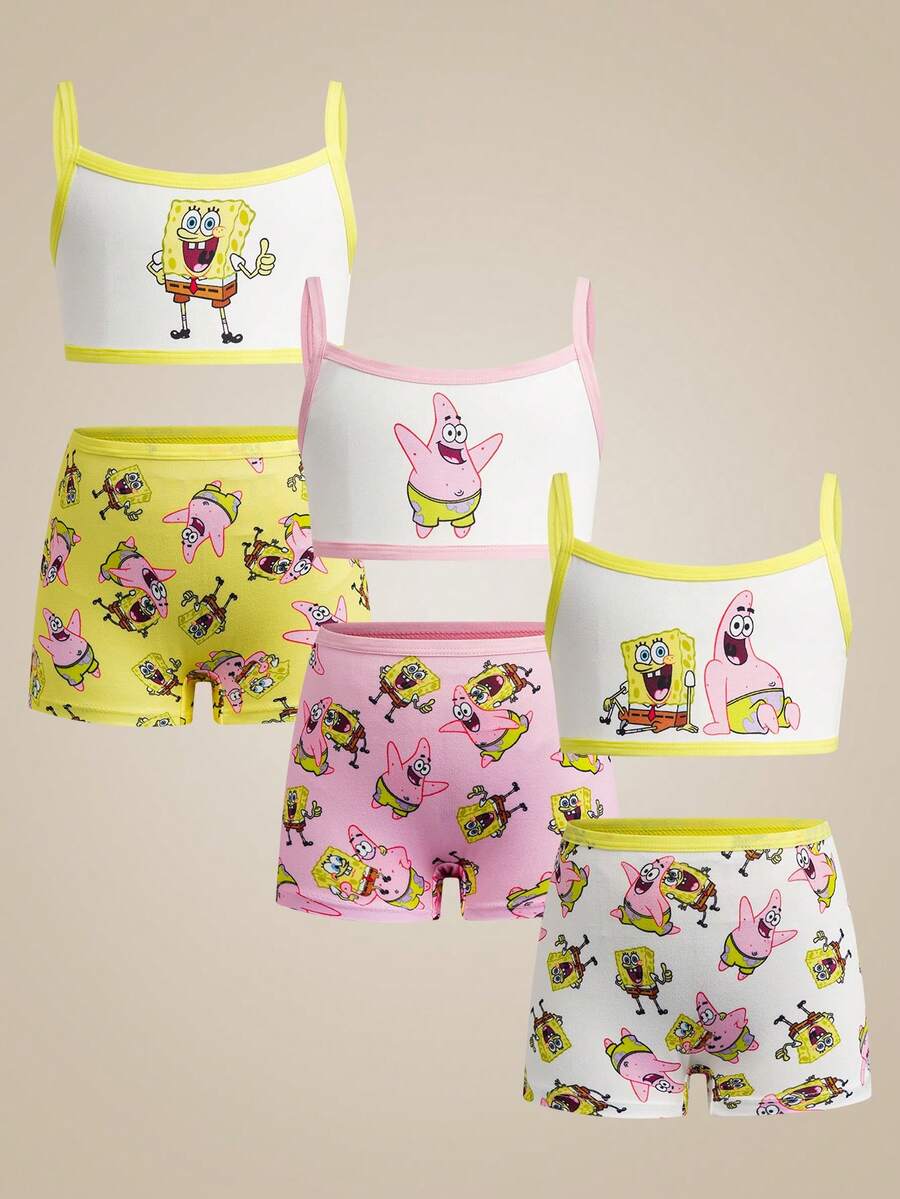SpongeBob SquarePants | SHEIN 6件套少女吊带背心文胸内裤套装，黄色、粉色、白色 - 白色 - 查看 1