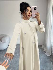 Yasmyna 女士优雅长袖阿拉伯风格连衣裙，饰有水钻，秋季款 - 杏色 - 查看 5