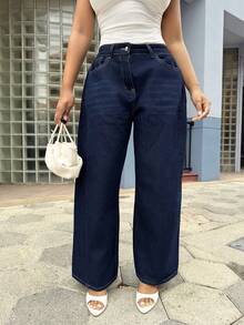 Alexandranx Women's Casual Fashion Street Chic Daily Commute Simple Versatile Loose Fit Wide Leg Jeans Y2k - Navy Blue - View 3