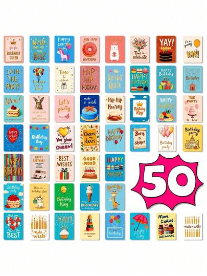 1套（共50张）卡通生日贺卡 - 互动式可书写贺卡，可爱设计，适合青少年、派对和DIY手工，生日派对用品，礼盒填充物，奖励卡