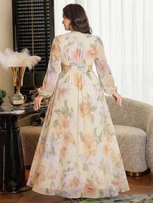 Modelyn Plus Size Women's Floral Print Elegant Cinched Waist A-Line Dress - Apricot - View 2