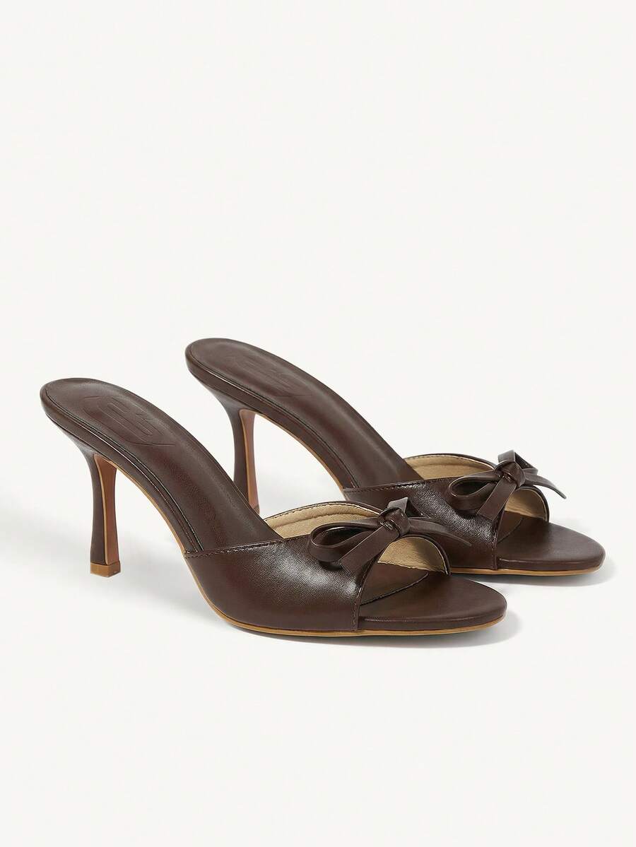 SHEIN X Belle Mariano CUCCOO CHICEST Women's Brown Pu Open Toe Mules With Stiletto Heels Vacation Shoes Summer Elegant Sandals Spring Shoes Spring Break Easter Prom Heels For Christmas Elegant Shoes Wedding Shoes - Brown - View 1