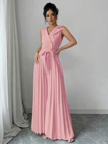 Selianne Bộ áo liền quần xếp ly hai hàng cúc màu mơ thanh lịch dành cho nữ, thích hợp cho mùa xuân và mùa thu. - Hồng - Xem 6