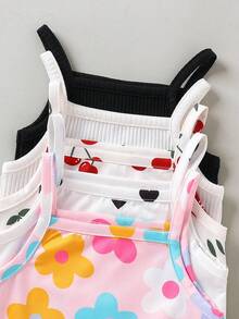 SHEIN 5pcs/Set Baby Girls Spaghetti Strap Romper Floral Heart Cherry Print Sleeveless One Piece For Summer Cute Baby Girls Summer Romper With Spaghetti Straps And Various Prints Including Floral Cherry Heart Happikins Cute Cherry Print, "Cherry Girl" Baby Girl Casual Romper, Suitable For Spring & Summer, Relaxing Vacations, Beach Weekends, Cute Summer Outfits For Summer Baby Girl Items, Korean Style, Beach Mode On, Summer Outing Items - Multicolor - View 6