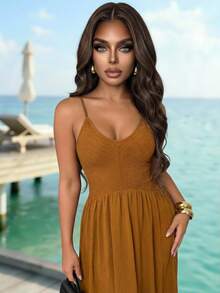 Slaydiva 早春新款、春夏音乐节、情人节、复活节、波西米亚风、游牧风、休闲简约风、邮轮派对、生日派对、日常约会、休闲度假、优雅通勤、露背、深V领、修身A字裙、质感、针织面料、梭织面料、橙红色连衣裙、女士长裙 -A - 鏽棕色 - 查看 3