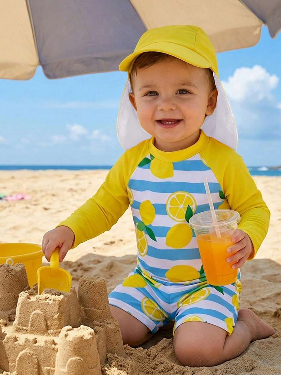 SHEIN Bubblio Bộ đồ bơi chống nắng họa tiết sọc chanh dễ thương cho bé trai/bé gái, tay dài, chống nắng, thích hợp cho mùa xuân/hè/thu/đông khi bơi, lướt sóng, đi biển, suối nước nóng - Màu vàng - Xem 1