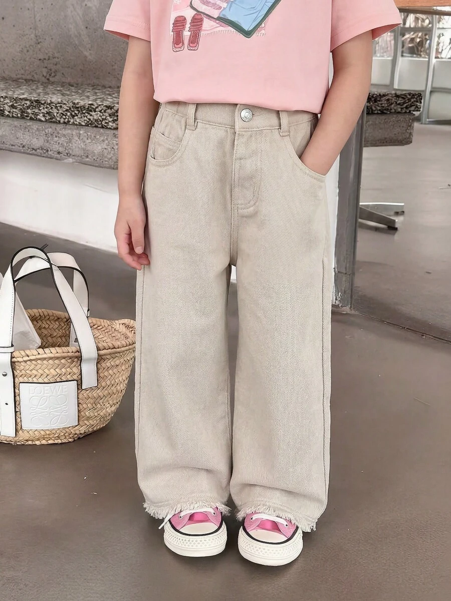 Young Girl Casual Loose Fit Jeans With Pockets, Button & Frayed Hem Design, Versatile For Daily Wear - Blue - View 1