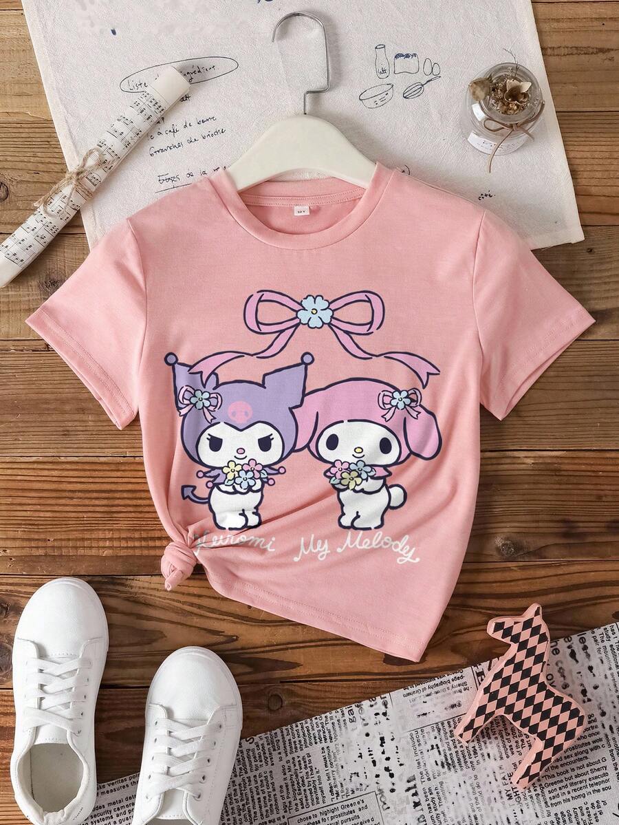 HELLO KITTY AND FRIENDS | SHEIN 少女休闲简约短袖T恤,适合夏季穿着 - 粉色 - 查看 1