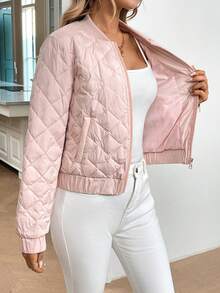 SHEIN LUNE Women's Solid Color Front Zip Up Pockets Minimalist Casual Jacket,Feathers& Down Coat - Pink - View 2
