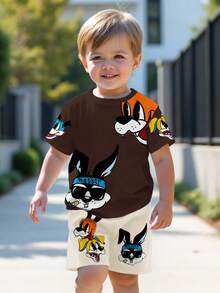 2pcs/Set Young Boy Casual Minimalist Cartoon Rabbit Print Short Sleeve T-Shirt And Shorts, Suitable For Summer - Multicolor - View 2