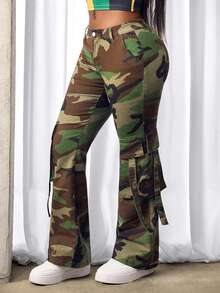 BamGleam Quần jeans ống loe thời trang nữ phong cách đường phố họa tiết rằn ri, túi nắp gập. - Nhiều màu - Xem 4