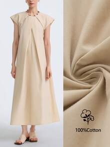 Aalyst 女士春夏新品，简约休闲时尚，通勤及派对日常百搭连衣裙，不对称褶皱设计，3D立体剪裁，米色A字连衣裙 - 杏色 - 查看 6