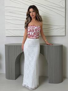 Jemour Áo Bandeau họa tiết hoa nhuộm loang màu nước đỏ trắng dành cho nữ, chất liệu vải thun co giãn, đường viền xương cá, trang trí đa năng, mùa cưới, bãi biển, lễ hội miền Tây, mùa hè, phong cách Boho - Đỏ và trắng - Xem 4