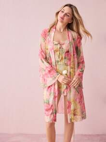 Bonmuse Fashionable Floral Print Lace Trim Camisole Nightgown And Robe Set For Women Lingerie Set With Robe Floral Robe 2 Piece Nightgown Sheer Robe Floral Nightgownfor Summer - Pink - View 8