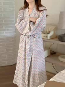 Women's Plaid Long Sleeve Nightgown Robe With Heart Print, Elegant Loose Fit Loungewear Sleepshirt, Soft Comfy Casual House Dress For Spring Autumn, Cute Back To School Pajamas Midi Length - Multicolor - View 4