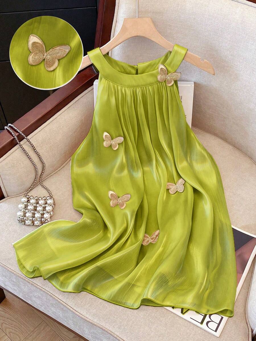 GlowEve CURVE Plus Size Woven Butterfly Decor Elegant Romantic Blouse, Suitable For Date, Vacation, Casual Outdoor, Sunny Beach Butterfly - Olive Green - View 1
