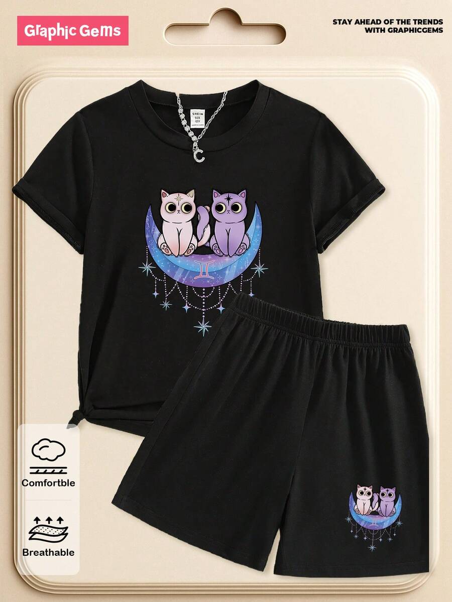 SHEIN GraphicGems 两件套休闲可爱双子座星座猫咪图案印花圆领短袖T恤和短裤，舒适的夏秋款式，适合女孩日常穿着 - 黑色 - 查看 1