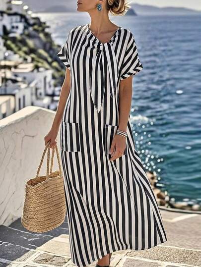 Breezaya Women's Striped Batwing Sleeve Bow Pocket Flared Loose Vacation Dress, Spring/Summer Stripe Dresses For Women Summer Casual Dresses Women Short Sleeve Maxi Dress Women