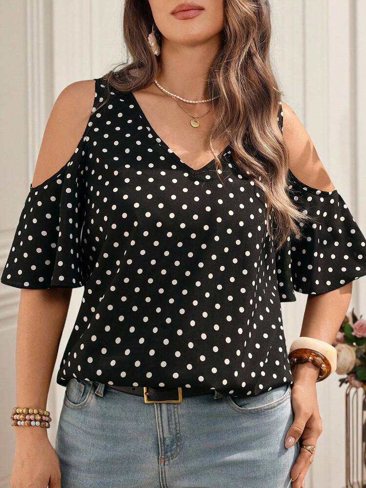 Plus Size Women's V-Neck Polka Dot Print Casual Shirt, Summer/Summer/Vacation/Elegant, Summer Tops, Elegant Tops For Women,Polka Dot Top ,Casual Outfit For Women Cold Shoulder Blouse Polkadot Top Black Summer Top Summer Casual Tops Cute Blouses For Women,Polka Dot Tops Black And White Polka Dot Top Cold Shoulder Tops For Women Polka Dots Top Polka Dot Cold Shoulder Top Boutique Tops For Women Blouse For Women Casual Elegant Casual Tops For Women Elegant Polka Dot Tops For Women Trending Tops For Women Latest Tops For Women New Arrivals Women's Tops For Summer Women's Tops And Blouses