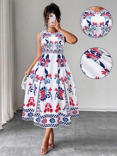 Elenzga Plus Size Women's Fashionable Sleeveless Auspicious Print Dress