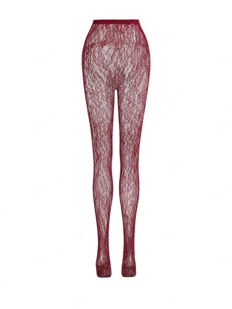 Burgundy Sexy Vintage Style Lace Tights Pantyhose Women Spring Valentines Day Going Out Dark Red Tights French Style Parisian Style