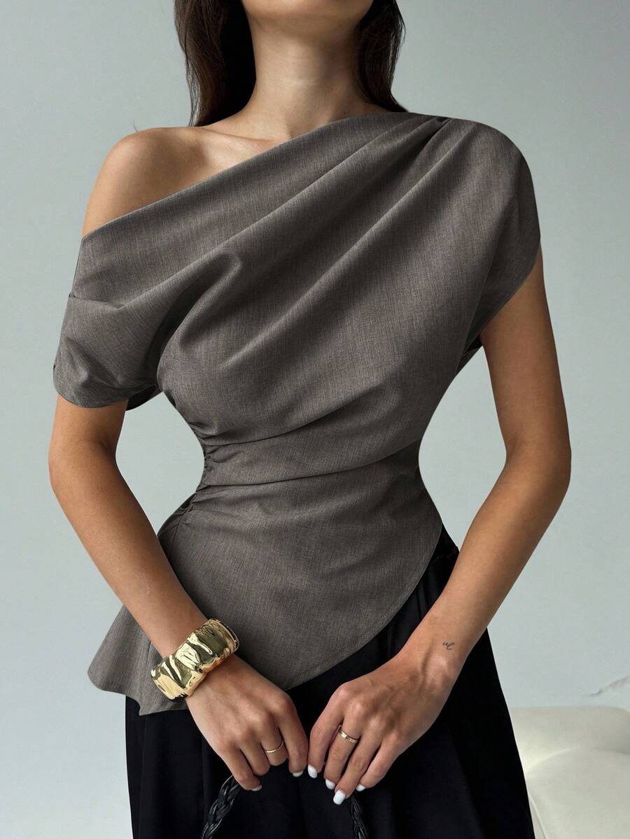 Aloruh New Minimalist Fashion Versatile Gray Asymmetrical Shoulder Ruched Decor Fitted Short Sleeve Blouse,Summer Top - Dark Grey - View 1