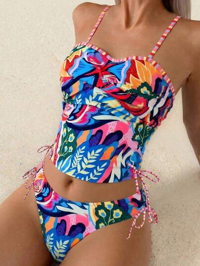 Swim Lushoire Women's Printed Retro Bright Color Trim Contrast Stripe Spaghetti Strap Bikini Two Pieces Set, Beach Party Holiday Style