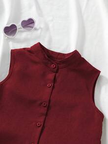 Tween Girl Solid Color Single-Breasted Vest And Mini Skirt Casual Set - Red - View 6