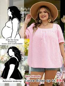 SHEIN CURVE+ Curve 尺码 US22 音乐节、海滨度假、波西米亚风女士休闲方领格纹泡泡袖衬衫 - 粉色 - 查看 7