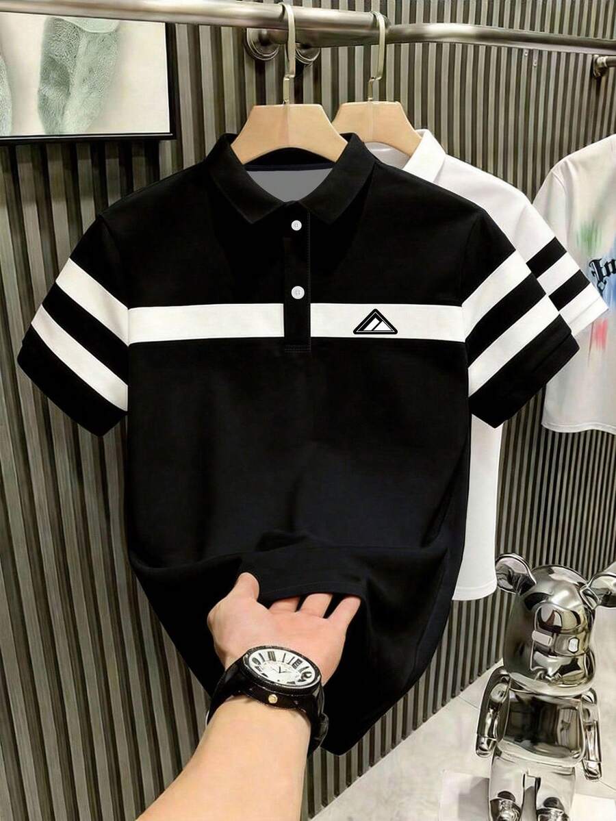 Manfinity Dauomo Áo polo nam tay ngắn kẻ sọc hình học, kiểu dáng thường ngày, thích hợp đi làm. - Nhiều màu - Xem 1