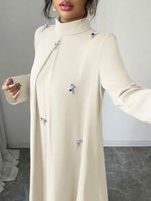 Yasmyna 女士优雅长袖阿拉伯风格连衣裙，饰有水钻，秋季款 - 杏色 - 查看 9