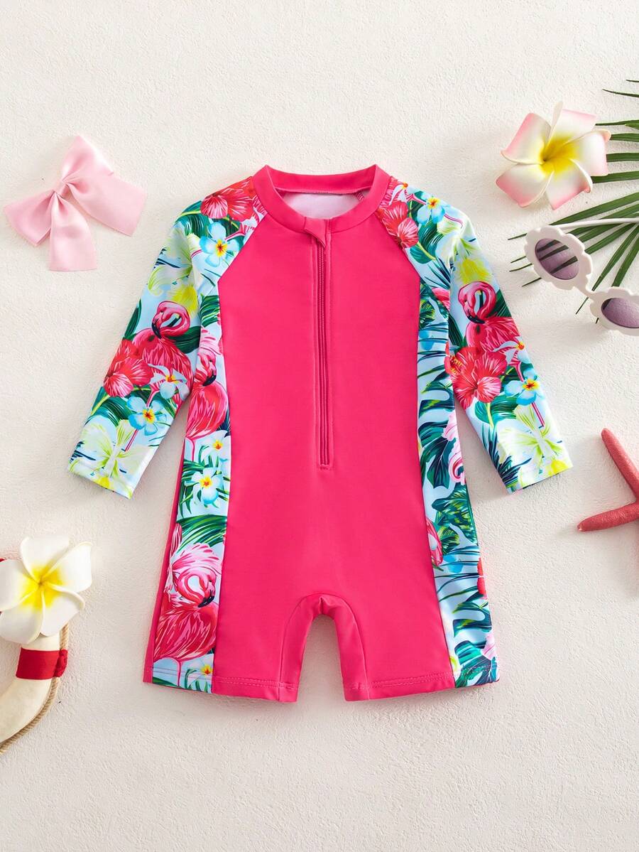 SHEIN 女婴热带印花连体泳衣 - 紅色 - 查看 1