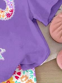 SHEIN 女婴休闲可爱甜美芭蕾舞蝴蝶结装饰，碎花紫色圆领短袖T恤和打底裤套装，适合春夏日常穿着、姐妹装、度假、Y2K风格 - 彩色 - 查看 5