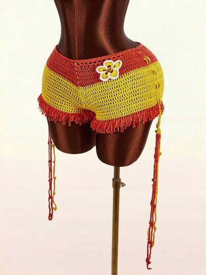 Amplova 2026 Semester Låg Midja Kontrastfärg Orange Tassel Fåll Sexiga Dam Mini Stickade Shorts