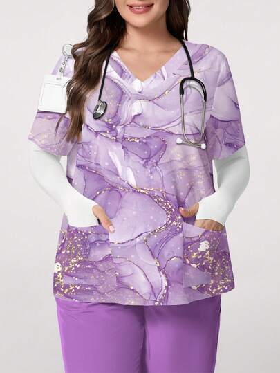 PopScrub Blusa de manga corta con cuello en V, bolsillo, oreja de lazo y bajo dividido, con estampado gráfico de líneas y diseño texturizado de teñido anudado en color morado, talla grande, para uniformes de enfermería/atención médica en primavera/verano