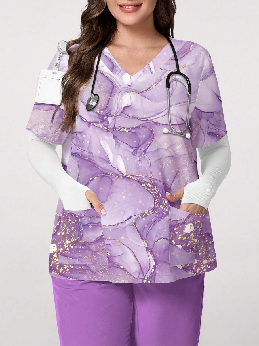 PopScrub Plus Size Rennaissance Purple Tie Dye Graphic Print V-Neck Scrub Top,Nurse Healthcare Uniform For Work,Short Sleeve Pocket Ear Loop Split Hem Top - Multicolor - View 1