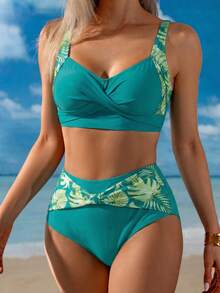 Swim Lushoire 女款青色熱帶印花拼接泳衣套裝，高腰收腹兩件式泳衣，波希米亞風夏季海灘度假假期，優雅Y2K - 水鴨藍 - 查看 5