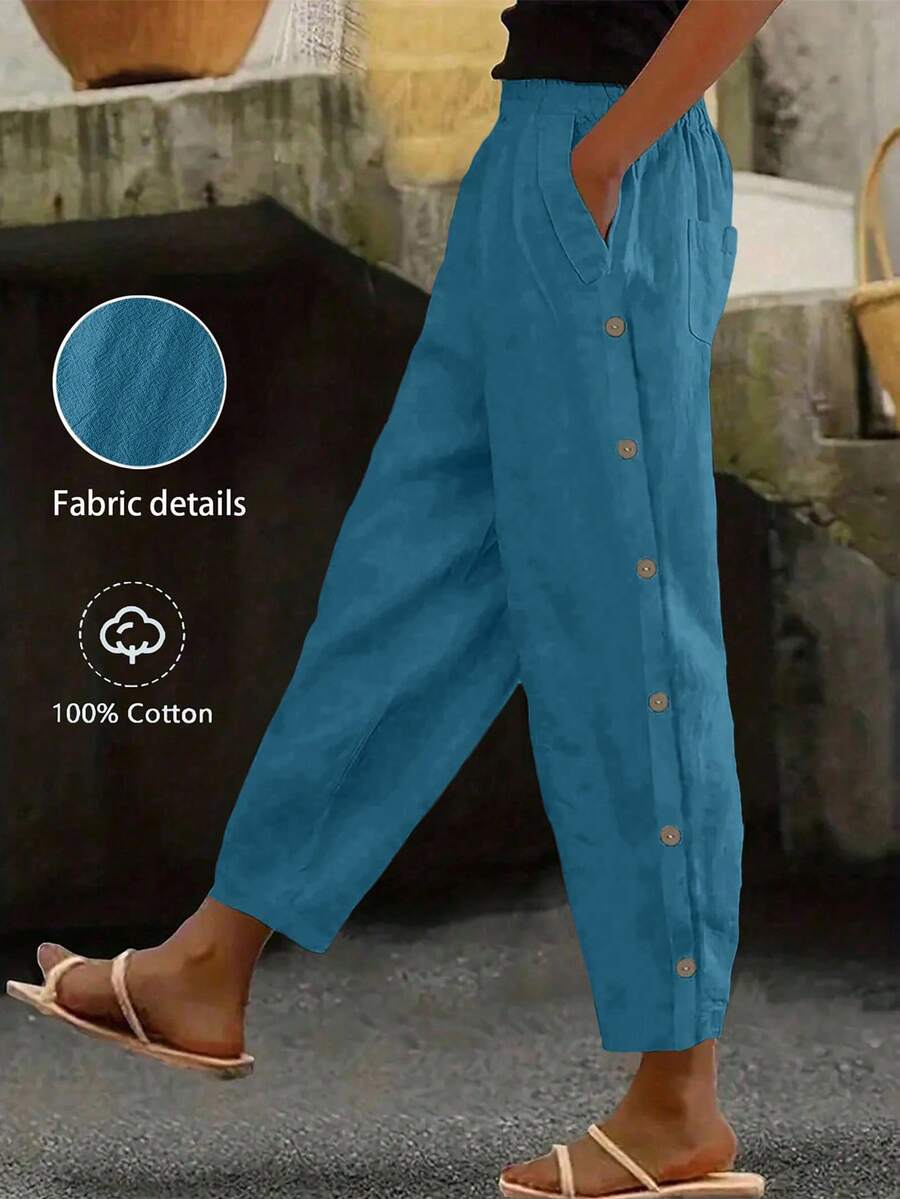 EMERY ROSE Pantalones casuales de mujer con decoración de botones y bolsillos en diagonal - Azul lavado medio - Ver 1