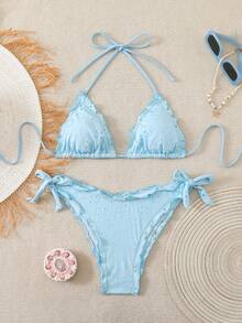 Swim Mod 2026SS New Women's Swimwear Arrival For Holiday, Date, Western, Cruise, Beach, Island, Road Trip, All Seasons, Music Festival, Boho Vacation,Bohemian Vacation, Chill Autumn Boho Y2K Hollow Textured Fabric Blue Cute Elegant Retro Casual Beach Vacation Women Swimwear Set - Multicolor - View 2
