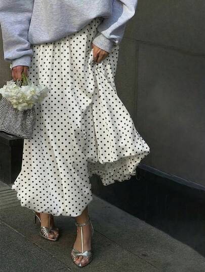 Serisse Women's Casual Elegant Low-Waist Ruched Skirt, Polka Dot Print, Suitable For Summer Outfits And Street Wear