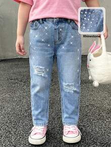 Quần jeans ống côn rách màu xanh nhạt đính đá, phong cách tối giản, thời trang thường ngày cho bé gái (size nhỏ). - Màu xanh lam - Xem 7