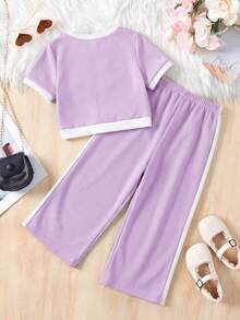 LMoss Kids Baby Girl Purple Contrast Color T-Shirt Set, Fashionable Casual, Baby Girl - Purple - View 3