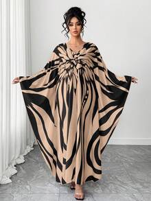 SHEIN Elenzya Đầm Abaya tay cánh dơi cổ chữ V thanh lịch in hoa dành cho nữ cỡ lớn mùa xuân/hè. - Màu Khaki - Xem 4