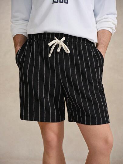 Courvante 男士夏季休闲日常通勤条纹印花抽绳腰斜插口袋宽松短裤 Tenniscore