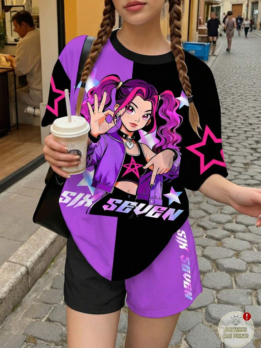 2件套少女休闲酷炫趣味Six&Seven韩流卡通人物印花套装，紫色和黑色撞色拼接，圆领短袖T恤和短裤，适合夏季穿着 - 彩色 - 查看 1