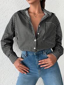 EURMUSE Striped Print Drop Shoulder Curved Hem Shirt - Black - View 3