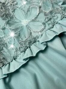 Flirla Elegant Versatile Fashion Embroidered Beaded Floral Patchwork Cinched Waist Dress - Green - View 6