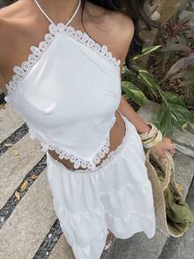 Sunnyshic 两件套春夏蕾丝拼接度假风长款荷叶边裙，可爱性感度假装 - 白色 - 查看 3