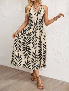 Breezaya 女士无袖树叶印花长裙，适合海滩度假 - 杏色 - 查看 5